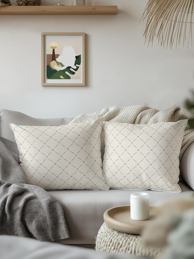Waterproof Outdoor Pillow 1 Pack Beige Grid Plaid Decorative Throw Pillows Cover & Insert 18x18 Inch Pillowcase Diagonally Crossed Lines Pillows for Couch Sofa Bed Patio Furniture Indoor Outdoor
