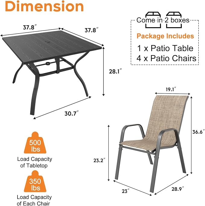 Outdoor Patio Dining Set for 4, 5 Pieces Patio Table and Chairs Set with Umbrella Hole, 37.8"x 37.8" Square Metal Wood-Grain Dining Table Set with 4 Stackable Patio Chairs for Deck , Backyard, Porch