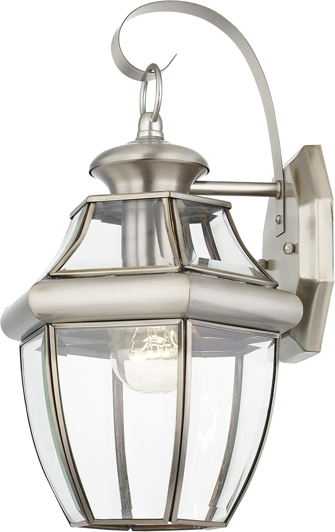 Livex Lighting 2151-91 Monterey 1 Light Outdoor Brushed Nickel Finish Solid Brass Wall Lantern with Clear Beveled Glass 13" x 8.5" x 8.25" | Dimensions: 13" x 8.5" x 8.25"; Clear Beveled Glass 13" x 8.5" x 8.25"; Solid brass construction