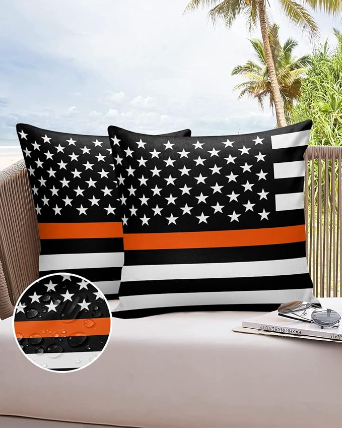 Prime Leader Outdoor Waterproof Pillow Covers Set of 2, Thin Orange Line Flag Search Rescue Officer Patio Throw Pillow Covers, Decorative Cushion Case for Couch Sofa Furniture Garden, 24x24 Inch