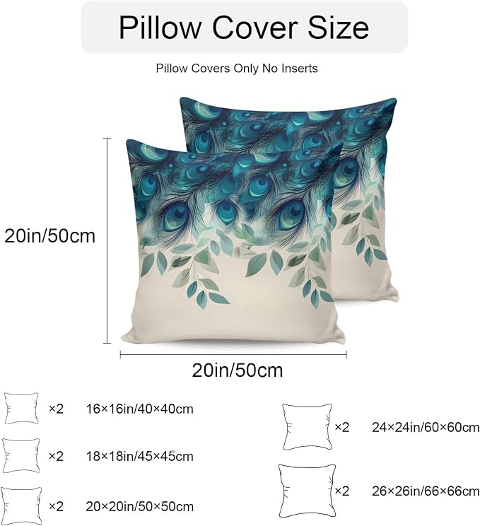 Teal Turquoise Outdoor Pillow Covers 26x26 Inch Throw Pillow Covers Set of 2 Waterproof Decorative Pillow Cases Peacock Feathers Aesthetics Eucalyptus Cushion Covers for Patio Furniture Garden Couch