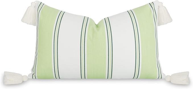 Hofdeco Premium Coastal Hampton Outdoor Performance Lumbar Pillow Cover Only, 12"x20" Water Repellent, UV and Fade Resistant for Backyard, Couch, Poolside, Grass Green Woven Harbor Stripes