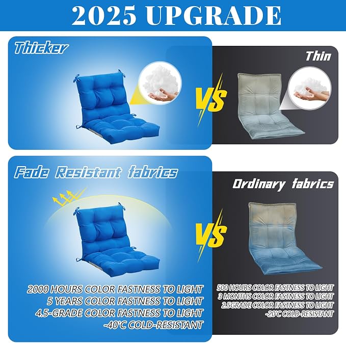 Marsui Outdoor Indoor High Back Chair Cushions Patio Furniture Tufted Pillow with Ties Water-Resistant Replacement Outdoor Rocking Chair Cushions, 42 x 21 Inches(Blue)
