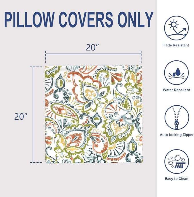 20x20 Inch Pack of 2 Patio Throw Pillow Covers ONLY, Water Repellent Cushion Cases, Square Pillowcases for Outdoor Couch Decoration, Paisley Botanical