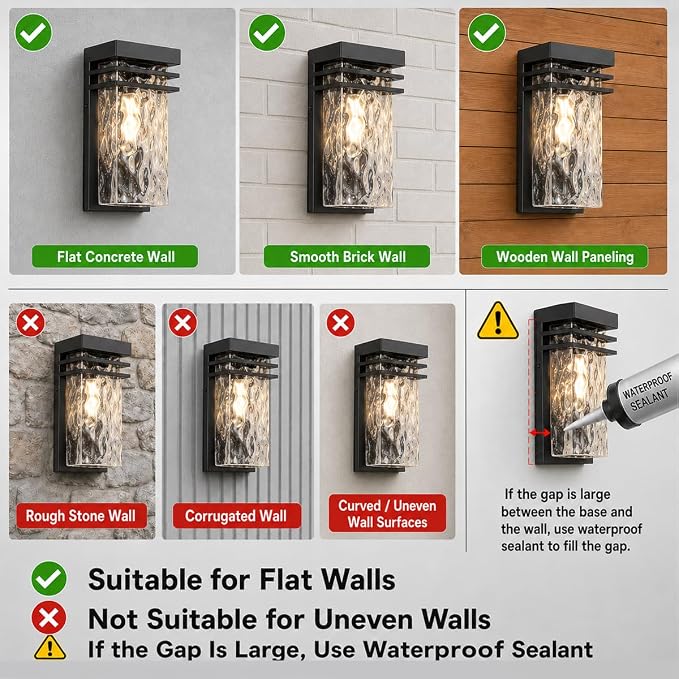 Modern Outdoor Wall Sconce Exterior Porch Light Fixture for House | 12 in. Black, Water Seeded Glass, Open Bottom, Waterproof Patio Lighting, 1 Pack