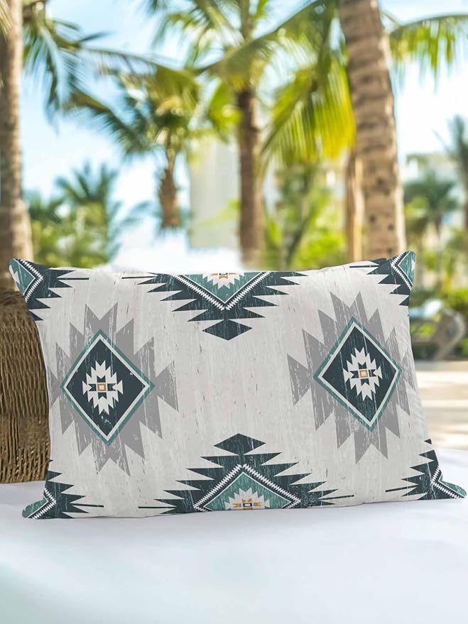 Waterproof Outdoor Pillow 1 Pack Turquoise Boho Aztec Decorative Throw Pillows Cover & Insert 20x12 Inch Lumbar Pillowcase Southwest Tribal Style Pillows for Couch Sofa Bed Patio Furniture