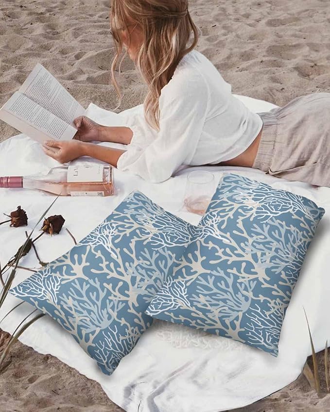 Pack of 2 Outdoor Pillow Covers 20x12 Waterproof Blue Coral Coastal Throw Pillow Covers, Decorative Pillowcases Nautical Ocean Marine Organism Cushion Covers for Patio Garden Couch Pillow Case