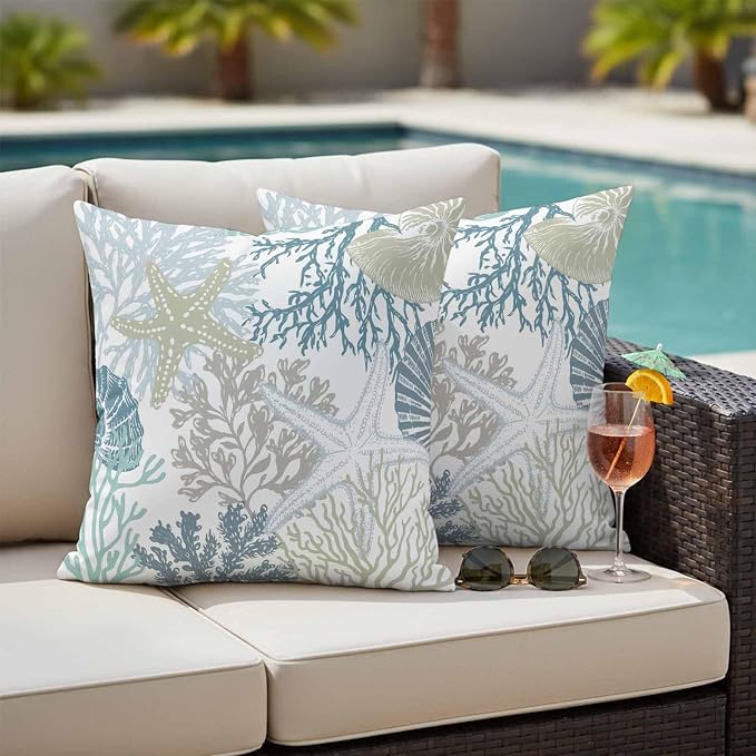 Blue Coral Coastal Waterproof Outdoor Pillow Covers 16''x16'' Set of 2, Starfish Conch Patio Furniture Summer Cushion Covers for Chairs, Decorative Beach Ocean Pillow Cases for Garden/Pool/Beach