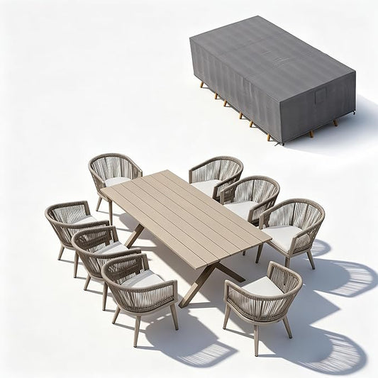 PURPLE LEAF Outdoor Dining Set with Waterproof Furniture Cover 9-Piece All-Weather Patio Set for 8 with Champagne Aluminum Table Rope Weave Chairs and Cushions, Champagne