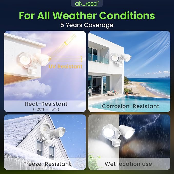 ALUSSO Motion Sensor Outdoor Lights, 30W 3500LM Flood Lights Outdoor 120V, 3 Modes (Dusk to Dawn/Auto/On Time), 3CCT 3000K/4000K/6500K Waterproof Hardwired ETL Listed, Porch Flood Light, White 1PC