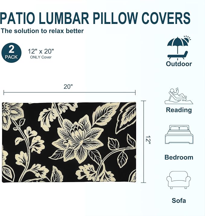 DYTXIII Pack of 2 Outdoor Waterproof Lumbar Pillow Covers ONLY, 12x20 Rectangle Decorative Double Printed Pillow Cases for Patio Couch Porch Furniture - Vines Black