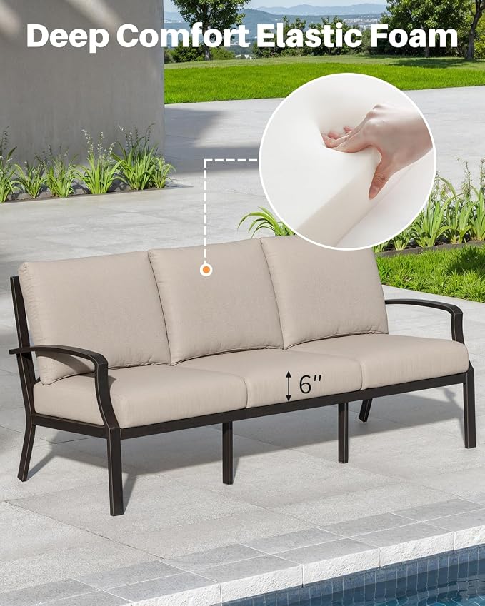3-Seater Outdoor Patio Couch, Patio Sofa with Cushion, Dark Bronze | Never-Rust Aluminum, Spacious Design, Removable Cover, Outdoor Sofa Patio Sofa Couch For Backyard & Garden, Club Sofa Style