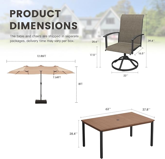 7 Pieces Patio Dining Set with Patio Umbrella, Outdoor Furniture of 63" Rectangular Patio Table and Patio Swivel Chairs for Backyard Lawn Garden, Walnut Table and Mixed Brown Chairs