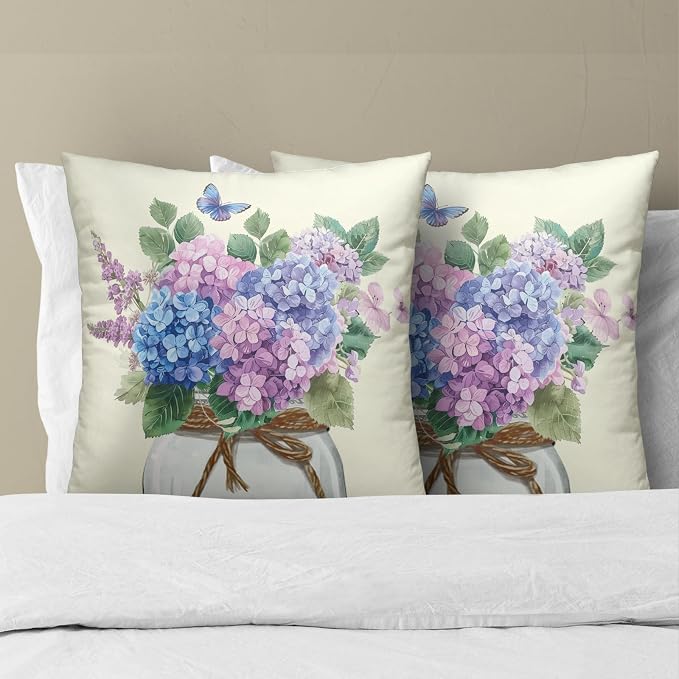 Hydrangea Flower Throw Pillow Cover Set of 2 18x18 Inch Vintage Blue Purple Floral Jar Watercolor Decorative Couch Pillow Cushion Case for Outdoor Patio Living Room Bedroom Decor