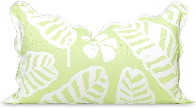 Hofdeco Premium Coastal Hampton Patio Indoor Outdoor Lumbar Pillow Cover Only, 12"x20" Water Repellent for Backyard, Couch, Poolside, Grass Green Print Palm Leaves and Hisbucs Flowers