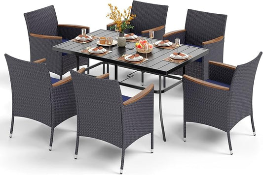 PHI VILLA 7 Piece Patio Dining Set, 60” Rectangular Table, Rattan Chairs | Outdoor Dining Set for 6, Metal Dining Table with Umbrella Hole, Wicker Chairs with Cushions for Patio, Deck, Yard, Porch