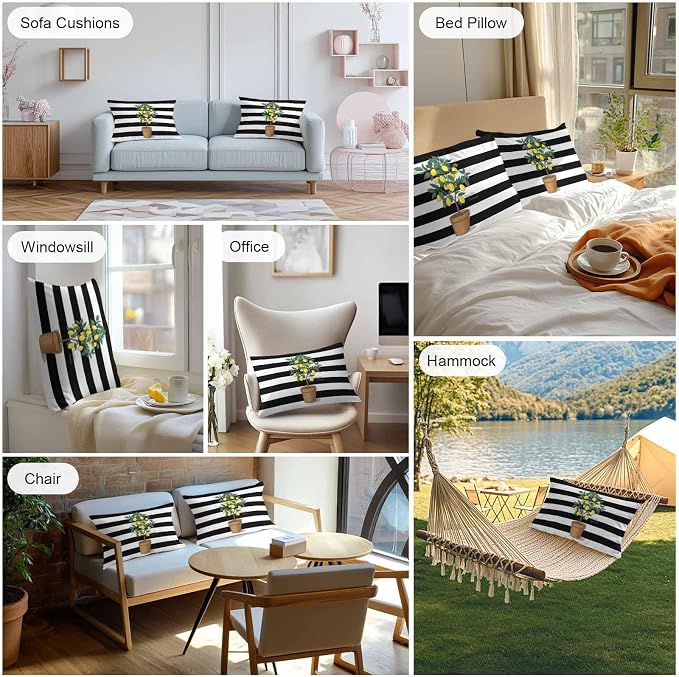 Summer Lemons Outdoor Waterproof Pillow Covers Set of 2, Yellow Fruit Leaf Black White Striped Abstract Pillowcase Decorative Throw Cushion Cases for Patio Garden Couch 20 x 12 Inches