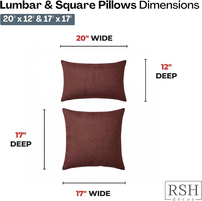 RSH DECOR: Sunbrella Lumbar & Square Pillows Set of 4 | 20" x 12" & 17" x 17" | Water and Fade-Resistant Performance Fabric | Outdoor Throw Pillows | Made in USA (Essential Russet)