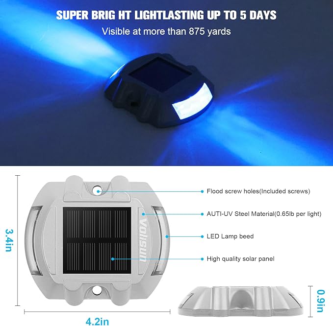 VOLISUN Solar Deck Driveway Dock Lights,Solar Pathway Lights,Blue 4 Pack | Solar Powered LED, IP68 Waterproof Led Outdoor Warning Step Marine Lights for Sidewalk Garden Yard