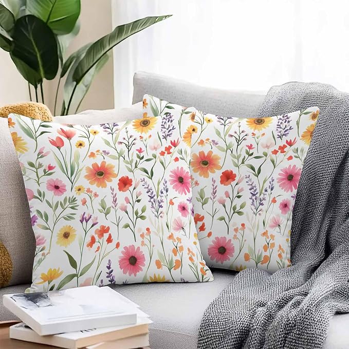 Spring Outdoor Throw Pillow Cover Watercolor Flower Leaves Waterproof Cushion Covers 2 Pack Pillow Cases Home Decoration for Patio Garden Couch Sofa,Garden Floral Art