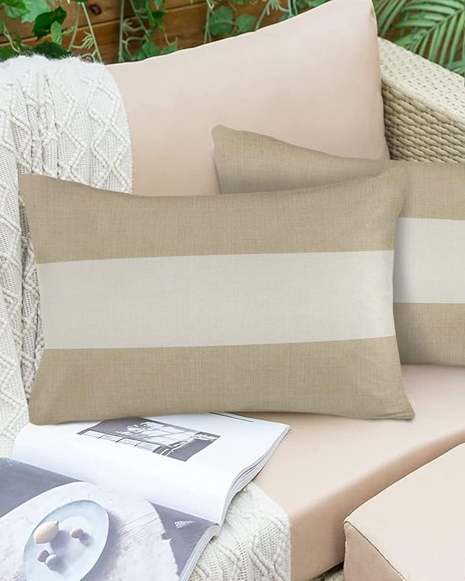 Vandarllin Outdoor Throw Pillows Covers 12X20 Set of 2 Waterproof Farmhouse Khaki Beige Decorative Zippered Lumbar Cushion Covers for Patio Furniture, Burlap Background