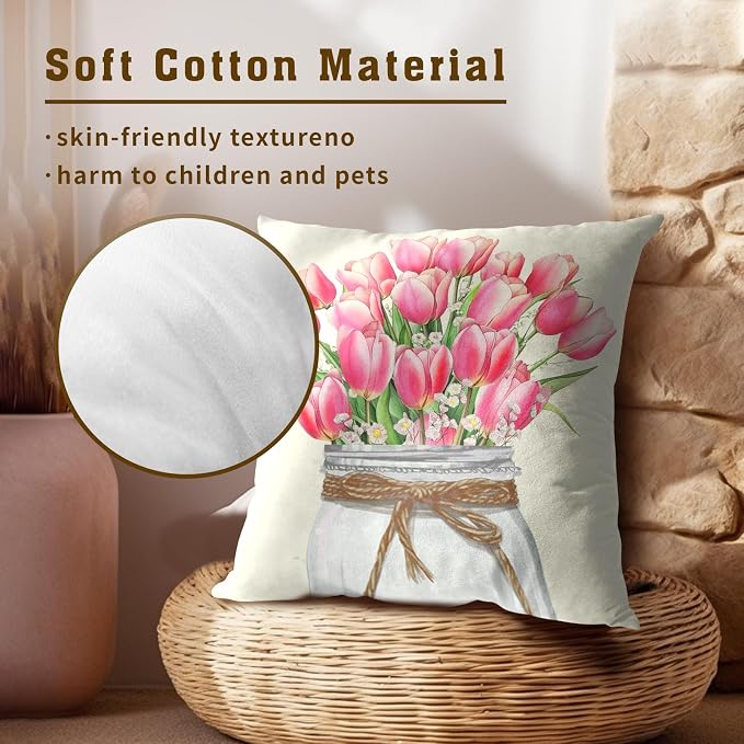 Pink Tulip Throw Pillow Covers 18x18 Set of 2, Spring Watercolor Flowers Mason Jar Square Pillowcases Cotton Cushion Cover Decoration for Couch Sofa Living Room Bedroom Home