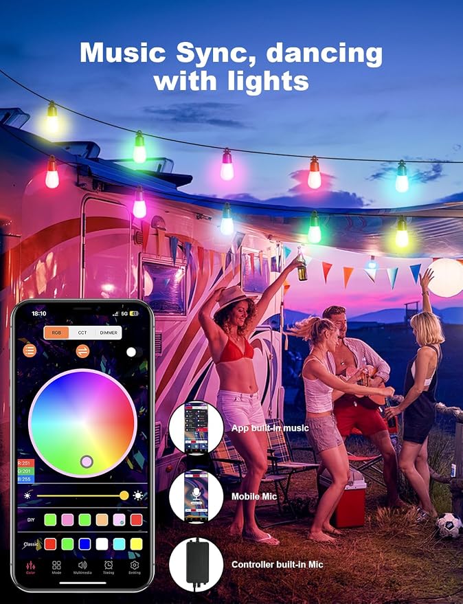 Outdoor String Lights 36 LED Bulbs, 118(98+12) ft RGB+IC+Warm White | APP Control with Remote, Music Sync for Garden Party Decor Christmas Outdoor Light, NOT Extendable