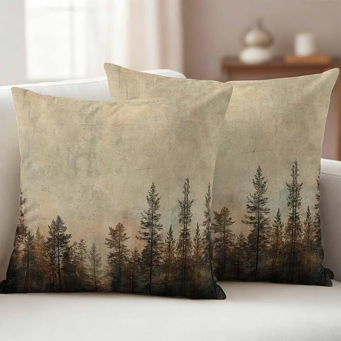Outdoor Waterproof Pillow Covers 16x16Inch Vintage Forest Pine Tree Plant Throw Pillowcases for Patio Garden Couch Sofa Retro Natural Wild Scenery Decorative Cushin Case,Pack of 2