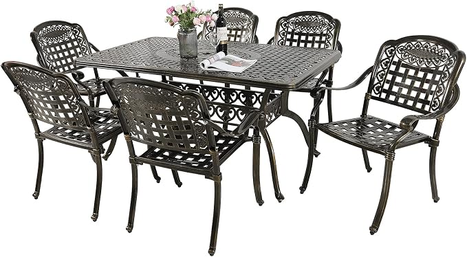 MEETWARM 7-Piece Outdoor Furniture Dining Set, All Weather Cast Aluminum Patio Garden Set with 6 Chairs, 1 Rectangular Table, 2" Umbrella Hole, Dark Bronze