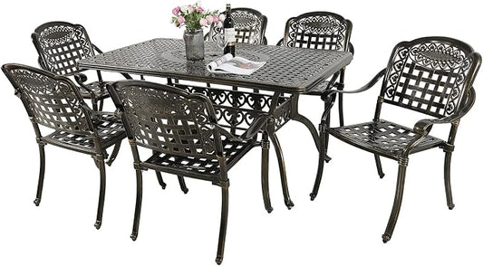 MEETWARM 7-Piece Outdoor Furniture Dining Set, All Weather Cast Aluminum Patio Garden Set with 6 Chairs, 1 Rectangular Table, 2" Umbrella Hole, Dark Bronze