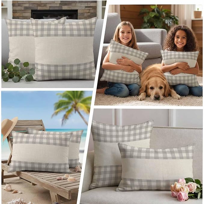 Retro Grey Outdoor Waterproof Pillow Covers, Farmhouse Buffalo Plaid Vintage Beige Decorative Square Throw Pillowcase Sofa Cushion Sham for Patio/Couch/Chair, 26"x26" 2 Pack