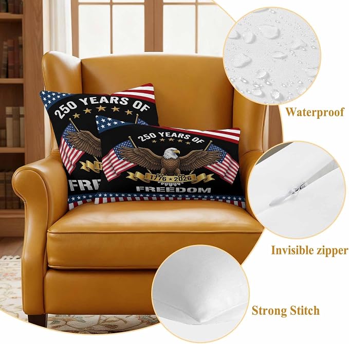 250 Years Anniversary Outdoor Waterproof Throw Pillow Covers 24x24 Set of 2, American Flag Eagle Independence Day Decor Pillowcases Cushion Pillowcase for Couch Sofa Patio Outside Pillow Protector