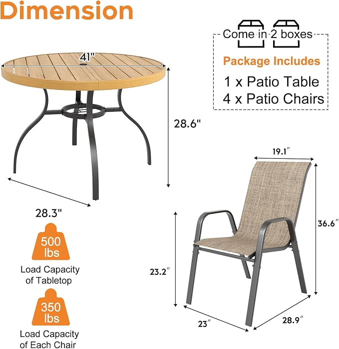 Outdoor Patio Dining Set for 4, 5 Pieces Patio Table and Chairs Set with Umbrella Hole, 41"x 41" Round Metal Wood-Grain Dining Table Set with 4 Stackable Patio Chairs for Deck , Backyard, Porch