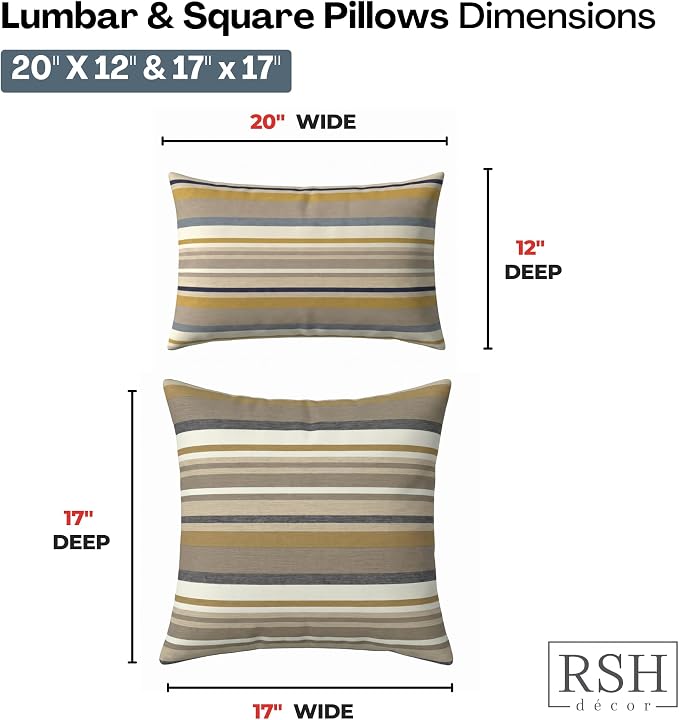 RSH DECOR: Sunbrella Lumbar & Square Pillows Set of 4 | 20" x 12" & 17" x 17" | Water and Fade-Resistant Performance Fabric | Outdoor Throw Pillows for Patio Furniture | Made in USA (Edition Gleam)