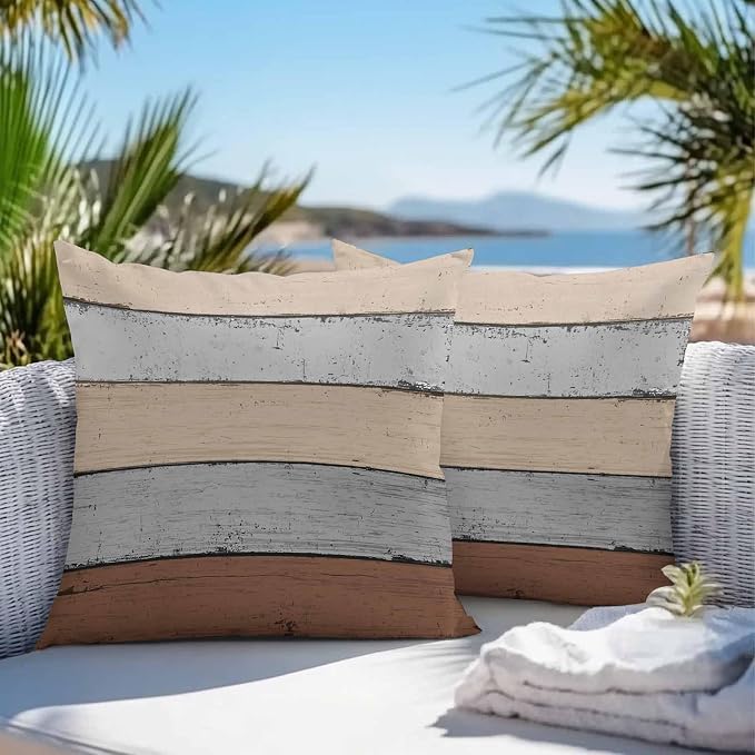 Outdoor Throw Pillow Covers 24X24 Set of 2 Waterproof Ombre Ground Color Brown Grey Decorative Zippered Cushion Covers for Patio Furniture,Lumbar Pillowcases Farmhouse Retro Rustic Barn Wood Texture