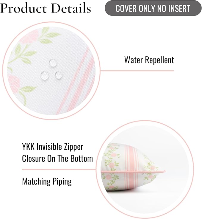 Hofdeco Premium Coastal Patio Indoor Outdoor Throw Pillow Cover Only, 20"x20" Water Repellent for Backyard, Couch, Blush Pink Print Stripe Floral