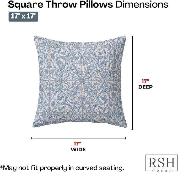 RSH DECOR: Sunbrella Square Throw Pillows Set of 2 | 17" x 17" | Water and Fade-Resistant Performance Fabric | Outdoor Pillow Covers with Down-Alternative Inserts | Made in USA (Provincial Azure)