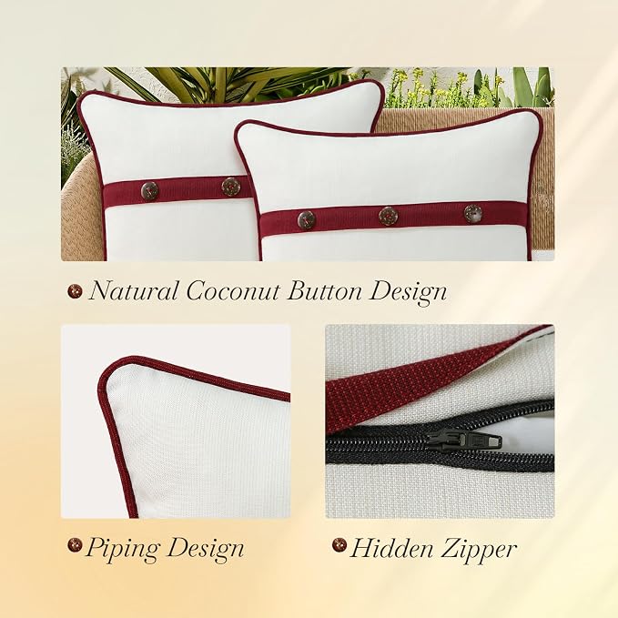 Outdoor Sunbrella Decorative Pillows with Triple Coconut Buttons Pack of 4, 18" x 18" Outdoor Pillow Set for Couch Bed Throw Patio Sofa, Spectrum Eggshell/Spectrum Ruby