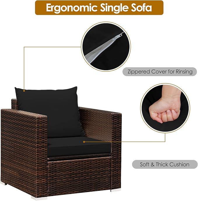 HAPPYGRILL 3PCS Patio Furniture Set Rattan Wicker Sofa Set with Cushions and Coffee Table Outdoor Patio Conversation Set for Garden Poolside Balcony