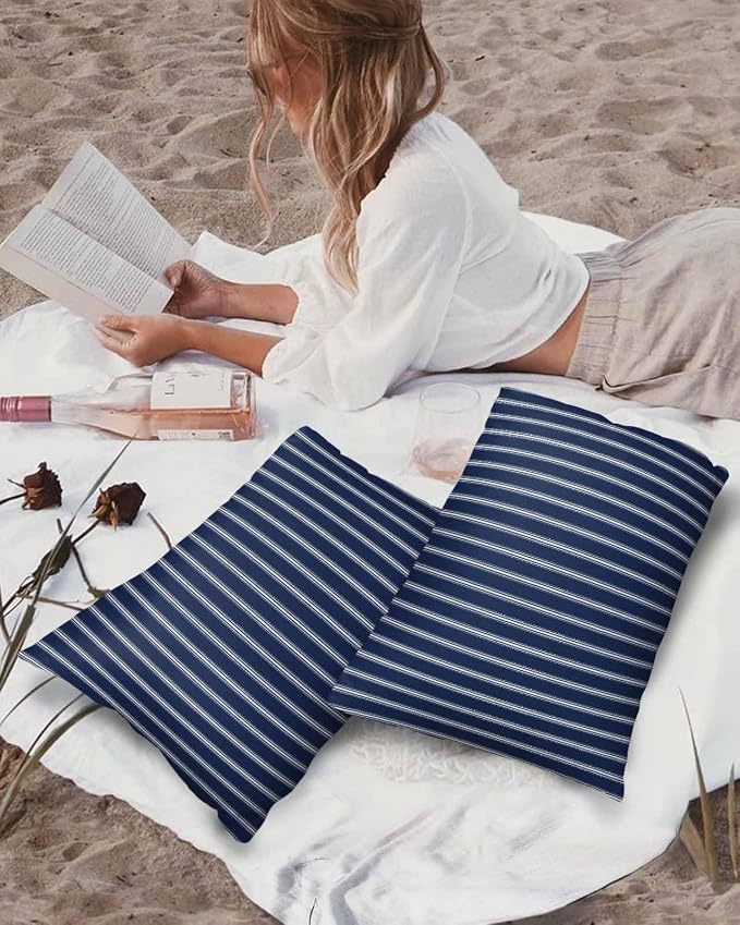 Outdoor Waterproof Throw Pillow Covers Set of 2 Navy Blue Stripe Lumbar Pillowcases 20x12 Inches Vertical Striped Patio Decorative Pillows Cushion Case Patio Pillows for Couch Bed Chair Garden