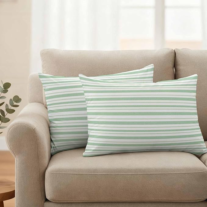 Green Vertical Stripes Waterproof Outdoor Pillow Covers Set of 2 Home Decor, Spring Pinstripes Apricot Lines Lumbar Pillowcase Patio Pillow Covers for Couch Bench Patio Furniture Garden 20x12in