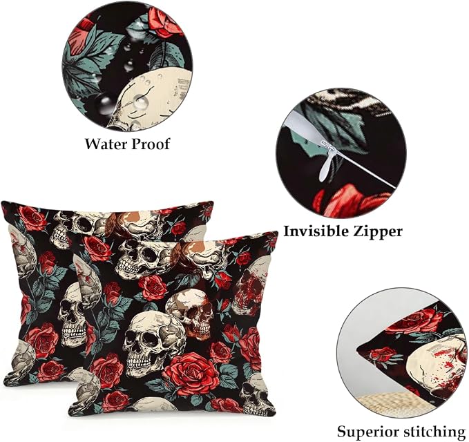 22x22 Inch Outdoor Pillow Covers Set of 2 Waterproof Throw Pillow Covers Decorative Couch Cushion Covers Floral Rose Skull Square Pillowcases Protectors for Patio Garden Sofa