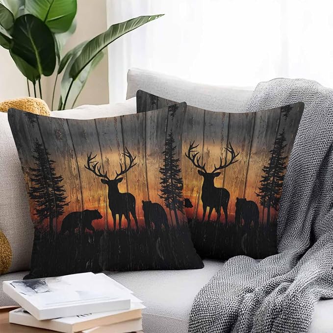 Yukro Wildlife Scene Outdoor Waterproof Pillow Covers Pack of 2, Nature Deer Bear Pine Trees Silhouette Sunset Throw Pillowcases Decorative Cushion Covers for Garden Patio Tent Sofa Couch, 18x18 inch