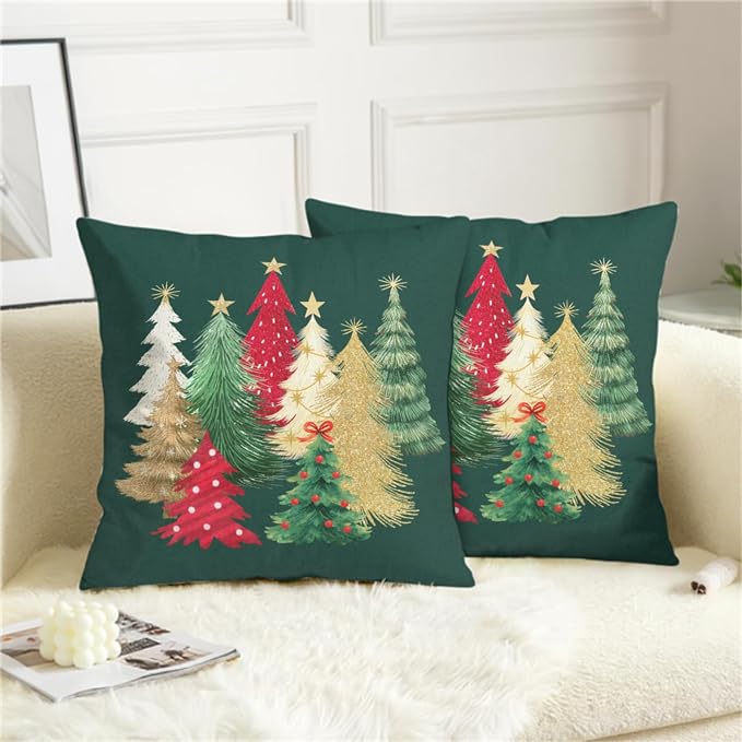 Christmas Pillow Covers 18x18 Set of 2 Colorful Xmas Tree Throw Pillow Covers Green Winter Holiday Decorative Pillowcase Double Sided Printing Cushion Case for Home Decor Sofa Couch