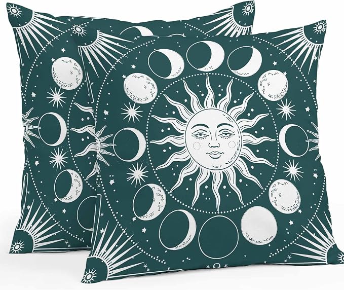 Celestial Sun and Moon Waterproof Outdoor Pillow Covers Set of 2 Home Decor, Green Starry Galaxy Boho Pillowcase Patio Pillow Covers for Couch Bench Patio Furniture Garden 26x26in