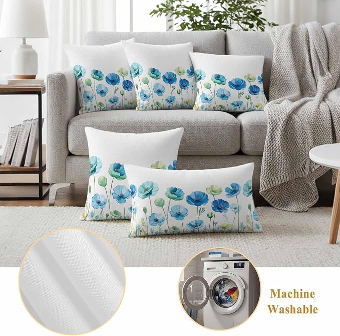 Spring Floral Outdoor Waterproof Throw Pillow Covers Set of 2, 24"x24", Watercolor Blue Poppy Flower Decorative Pillow Covers Outside Cushion Case for Patio Porch Garden