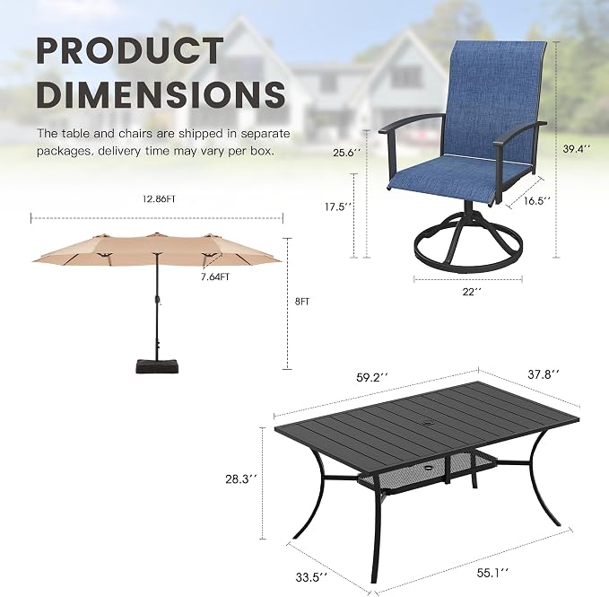 7 Pieces Patio Dining Set with Patio Umbrella, Outdoor Furniture of 59.2" Rectangular Patio Table and Patio Swivel Chairs for Backyard Lawn Garden, Black Table and Dark Blue Chairs