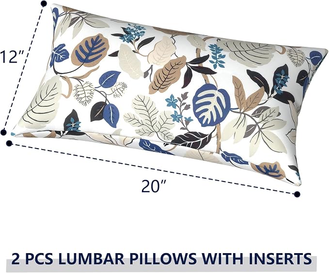 Outdoor Lumbar Pillows 12x20 inch, Rectangle Throw Pillows with Inserts, Decorative Lumbar Cushions for Patio Furniture Garden Couch Home Sofa Office Chair, Pack of 2, Breeze Leaves Beige