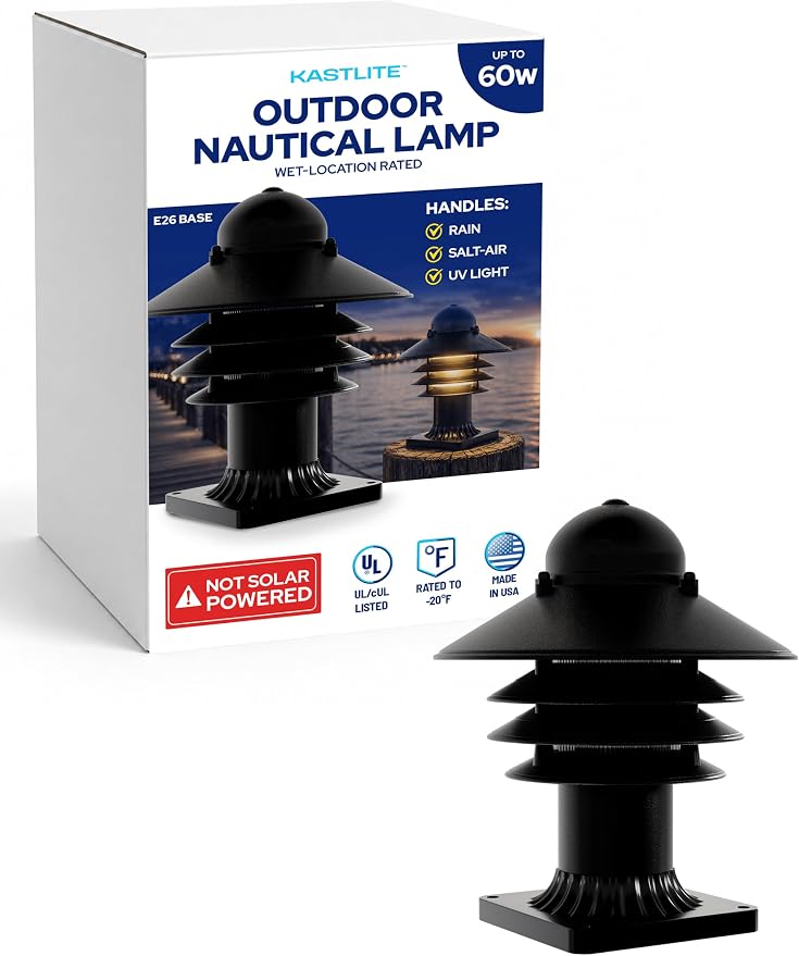 Nautical Pier Mount Outdoor Lighting - Salt-Air Tough Rust-Proof Non-Metallic Coastal Lamps - UL Listed Dock Lights - Patio Fence Deck Porch Lights Outdoor - USA Made, Short, Decorated, Black | Anti-Rust Outdoor Coastal Fixture for Pathways & Walkways,...