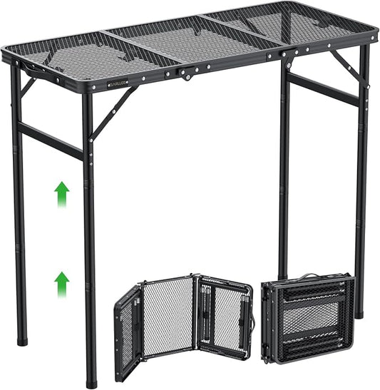 GARLLEN Folding Grill Table, 3-Height Adjustable Lightweight Grill Table with Heat-Resistant Tabletop, Portable Aluminum Camping Table for BBQ, Picnic, Cooking, 35.4" L x 15.7" W, Threaded Install